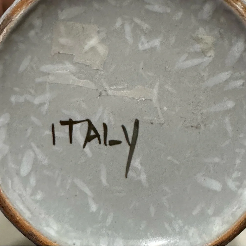 Vintage Italian Hand Painted Planter Marbled Blue Gold Rim Red Flower ITALY
